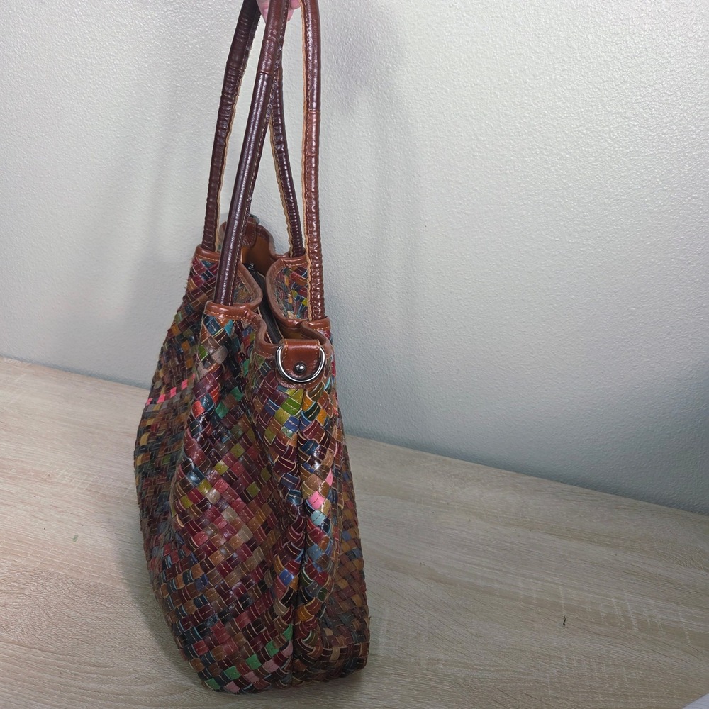 AmeriLeather Multicolor Woven Leather Tote Bag Patchwork Shoulder Purse Boho Art - Picture 16 of 16
